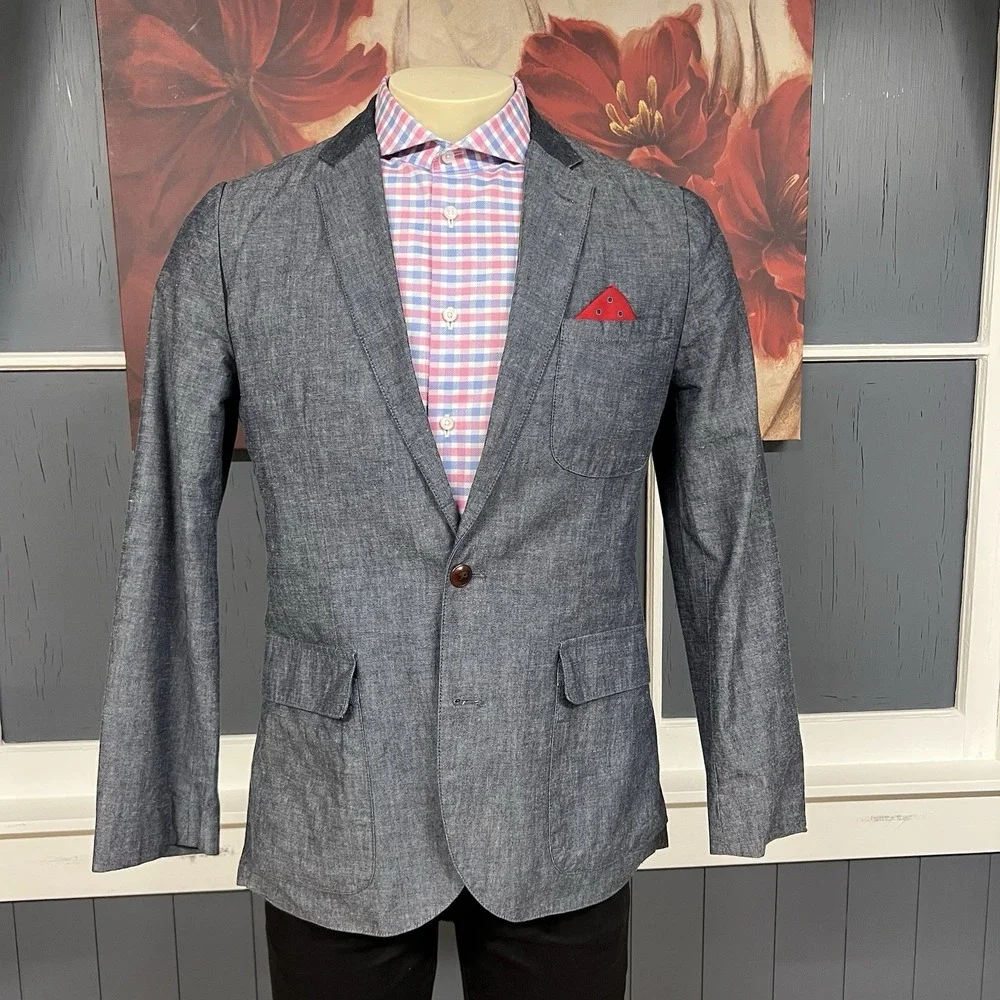 J. Crew Blazer Sport Coat Mens Sz Small (36-38R) Cotton Grayish Navy Chambray - Picture 2 of 12